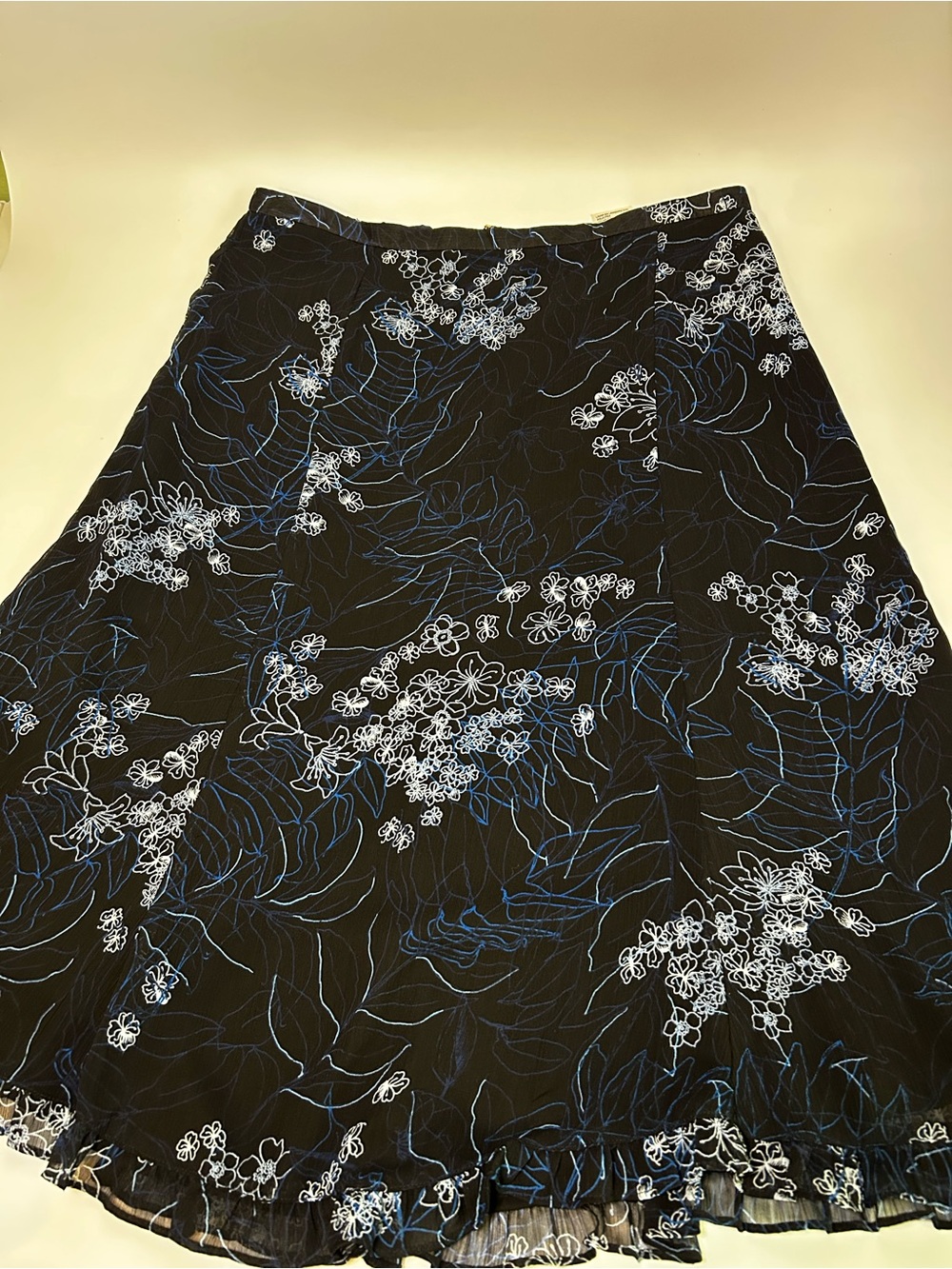 Black Floral A-Line Skirt with Blue & White Print